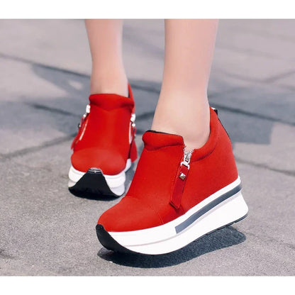 Zapatillas de plataforma Mujer rojo casual cómodo zapato de tacón oculto zapatos de lona negro tacones de cuña zapatilla tenis de mujer