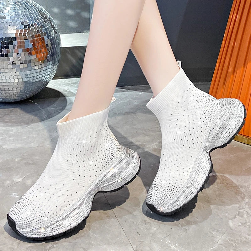 Botines de punto con plataforma y cuña para niña, de tejido elástico y con cuentas, sin cordones, para primavera y otoño, a la moda, con diamantes de imitación