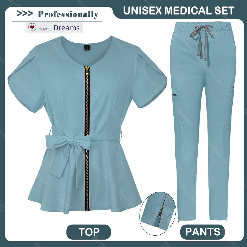 Conjunto de uniformes médicos para mujeres, ropa de belleza con cuello con cremallera, uniformes médicos antiarrugas de alta calidad, ropa de trabajo de enfermera de moda suave y cómoda, Envío 0.00 $.