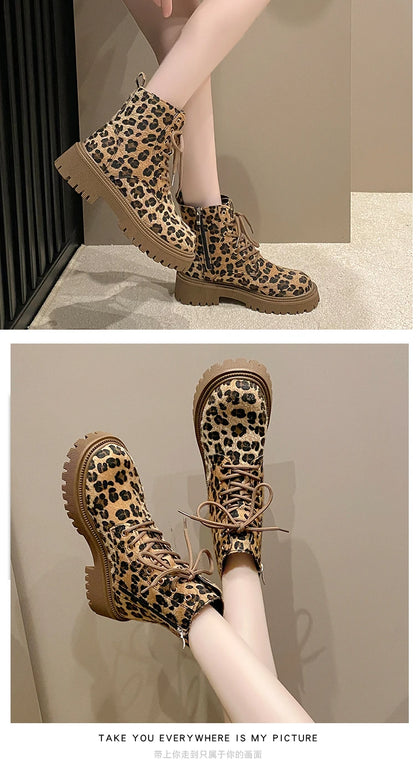 Botas de Invierno CHAXIAOA con Estampado de Leopardo | Puntera Redonda, Tacón Grueso y Cordones | Moda Versátil 2024 | Envío Gratis | **FLIPISHOP.COM**