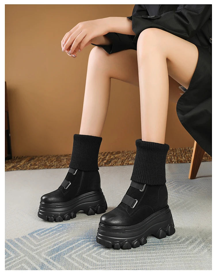 Botas de invierno nuevas de media pantorrilla modernas con tacón alto de 12 cm y plataforma que aumenta la altura con tejido de felpa en el interior para mujer, Envío 0.00 $.