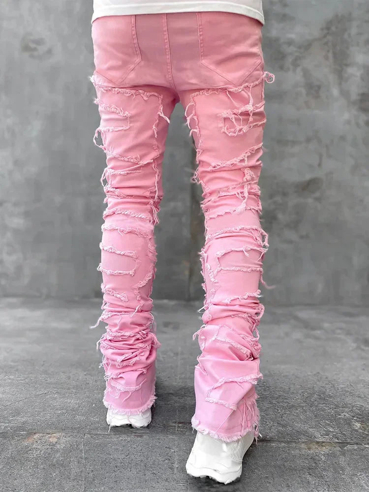 Jeans Rasgados para Hombre | Streetwear Cool con Flecos Apilados | Mezclilla Rosa Elástica | Envío Gratis en **FLIPISHOP.COM**