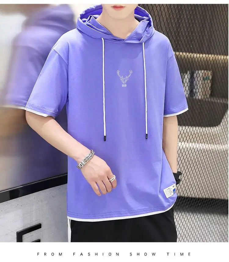 Camisetas con Capucha, Ropa de Hombre 2024, Verano Nuevo Loose Korean Tops Casual Tee Shirt