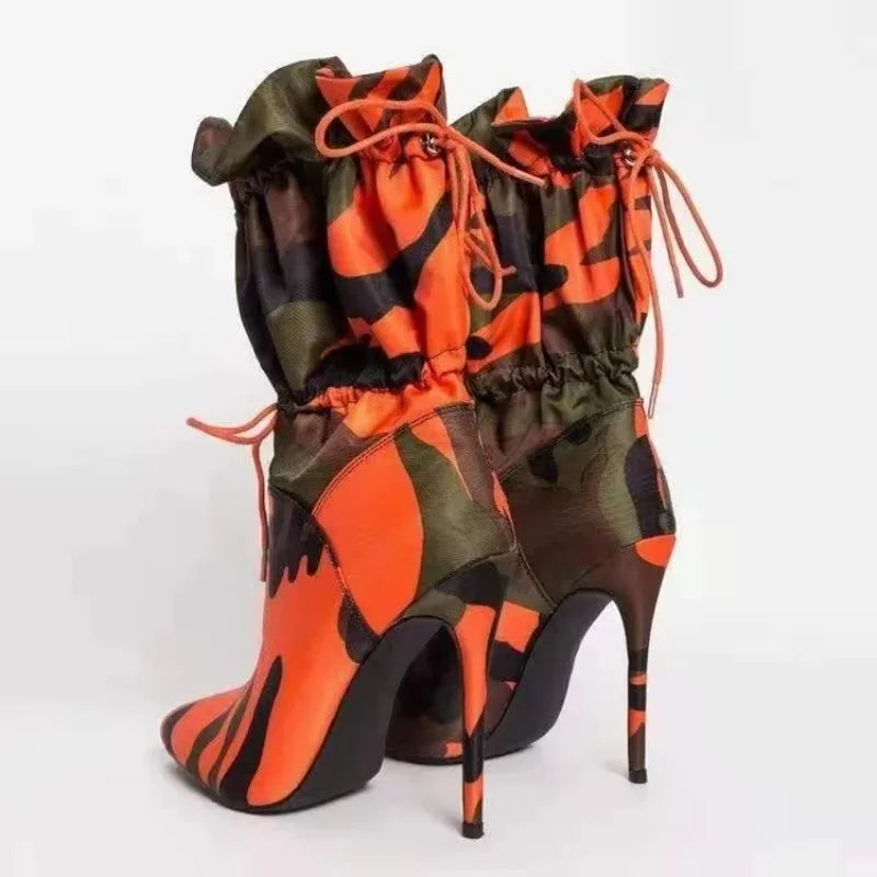 Botas de media pantorrilla con punta puntiaguda para mujer, zapatos de tacón de aguja con estampado de camuflaje y cordones para mujer, tacones altos, novedad de 2024, botas para mujer 2024 , Envío 0.00 $.