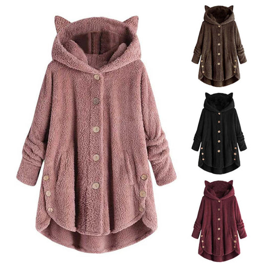 Abrigo de mujer 2020 de invierno más terciopelo deportivo de invierno lindo orejas de gato con capucha dobladillo irregular botones chaqueta abrigo de lana regalo de Navidad, Envío 0.00 $.