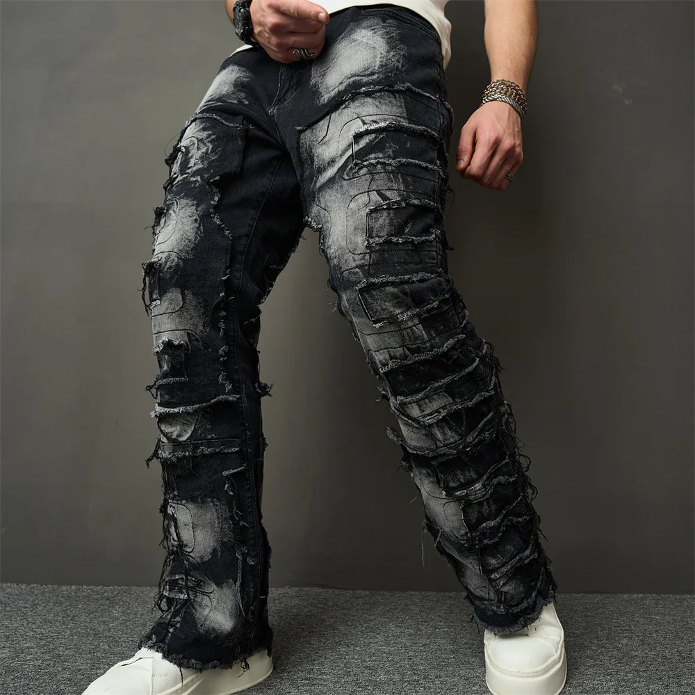 Pantalones Vaqueros Rectos con Parches y Roturas para Hombre | Estilo Hip Hop y Motero | Envío Gratis | NoEnName_Null | **FLIPISHOP.COM**