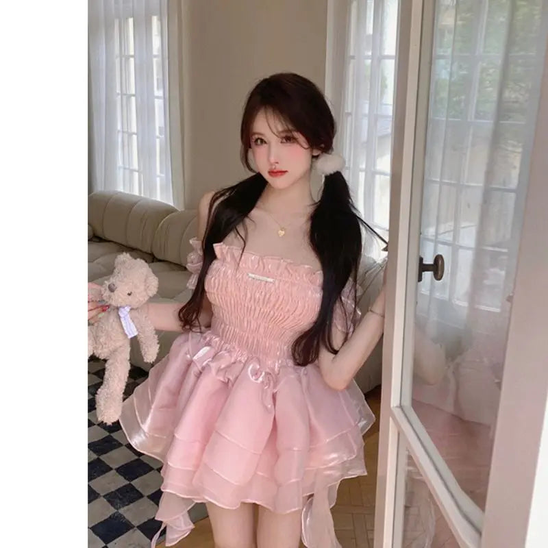 Vestido de Hada Rosa Dulce para Mujeres | Estilo Kawaii Lolita con Hombros Descubiertos | Envío Gratis **FLIPISHOP.COM**