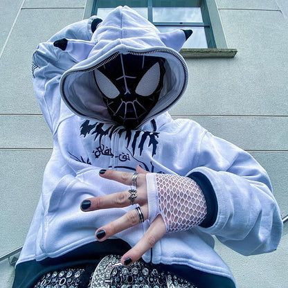 Sudadera con capucha estilo Y2K para mujer, sudadera con capucha gótica con orejas de diablo, sudadera con capucha con estampado de letras de araña, sudadera con cremallera, sudadera punk, chaqueta Y2k 2023