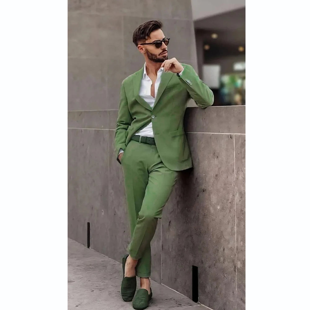 Esmoquin verde para hombre, de un solo pecho, con solapa de pico y frente plano, conjunto de 2 piezas de chaqueta y pantalones, ropa formal para fiesta de noche, blazer para hombre