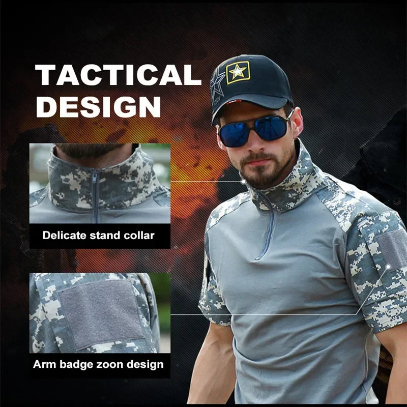 Camiseta táctica militar de verano para hombre, camisetas de algodón de camuflaje de manga corta, ropa para paintball, acampada, escalada y senderismo