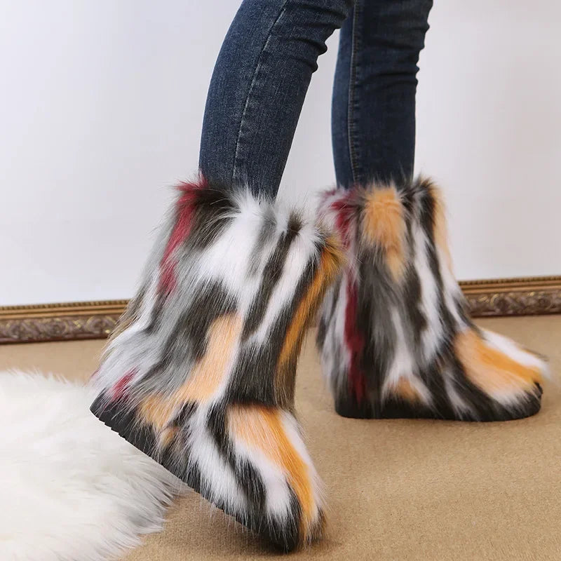 Botas de nieve de felpa de colores de moda-2024-para mujer, nuevas botas de invierno de pelo largo de zorro, cómodas, de algodón, antideslizantes, resistentes al desgaste, zapatos planos. Envío 0.00 $.