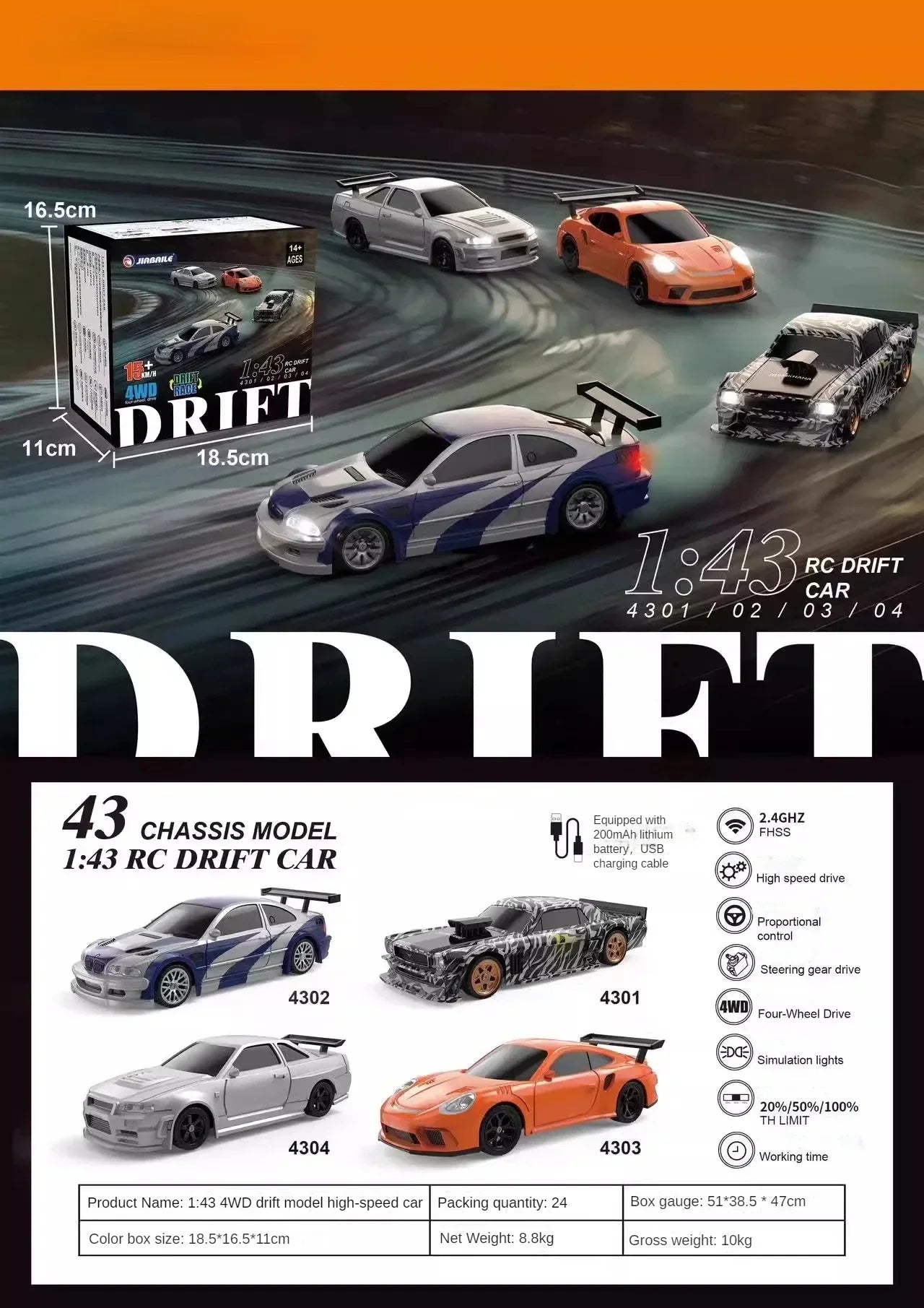 Coche de control remoto RC Drift de 2,4 G, 1/43, 4WD, de alta velocidad, tracción en las cuatro ruedas, minicoche de carreras controlado por radio, juguete de regalo para niño