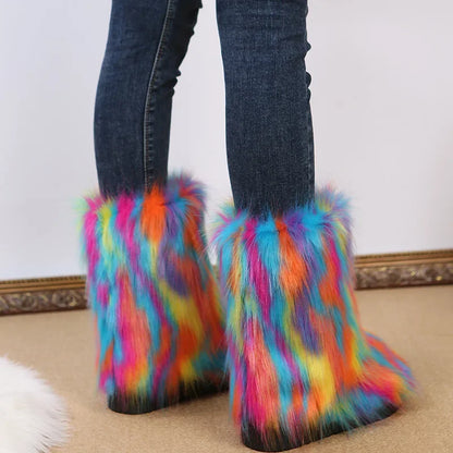 Botas de nieve de felpa de colores de moda-2024-para mujer, nuevas botas de invierno de pelo largo de zorro, cómodas, de algodón, antideslizantes, resistentes al desgaste, zapatos planos. Envío 0.00 $.