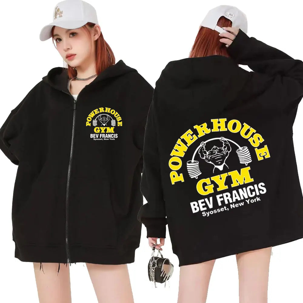 Sudadera con capucha y cremallera con el logotipo de Powerhouse Gym para hombre y mujer, moda gótica, geek, fitness, chaqueta con cremallera, sudaderas con capucha, ropa de calle de gran tamaño