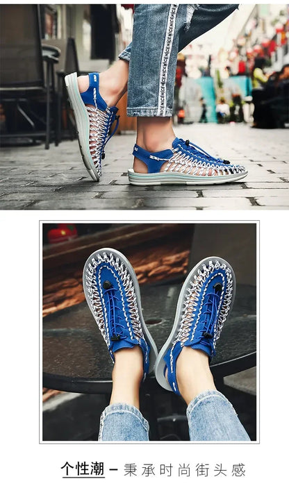 Sandalias de verano para hombre, zapatillas de mujer, diseño tejido, sandalias de playa, sandalias planas informales transpirables, sandalias para parejas al aire libre, talla 48