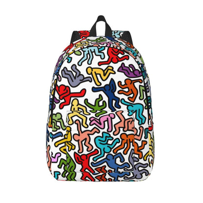 Mochilas de lona con 6 figuras de bailarinas de Haring para estudiantes universitarios y escolares, aptas para portátiles de 15 pulgadas, bolsos geométricos con grafitis de rap