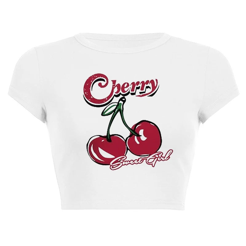 Camisetas con gráficos de cerezas góticas, ropa urbana punk grunge, top corto para mujer, camiseta blanca ajustada de verano