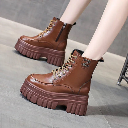 Botines negros retro de estilo británico para mujer, botas cortas de tacón grueso con plataforma, zapatos de tacón alto para mujer, primavera y otoño 2024