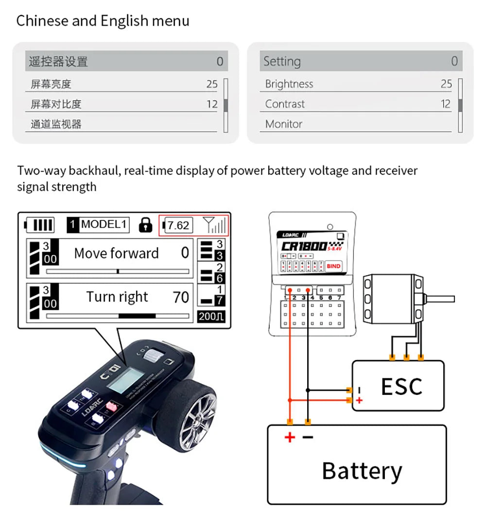 Coches Mini Drifting-LDARC CT01 2.4GHz 8-Channel Control Remoto Profesional Pantalla LCD en inglés y chino para barco de coche modelo RC, Envío 0.00 $.