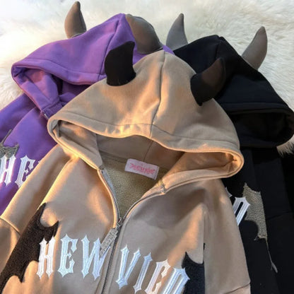 Sudadera con capucha y cremallera bordada con pequeño diablo retro americano para mujer, moda urbana Y2K, sudadera Joker, sudadera informal holgada para parejas, Envío 0.00 $.