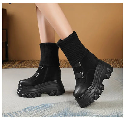 Botas de invierno nuevas de media pantorrilla modernas con tacón alto de 12 cm y plataforma que aumenta la altura con tejido de felpa en el interior para mujer, Envío 0.00 $.