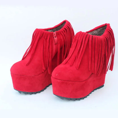 Botas de tacón alto para mujer, cuñas de 15 cm, zapatos de mujer, botas de plataforma con diseño de borlas rojas y negras, invierno WSH 5005, Envío 0.00 $.