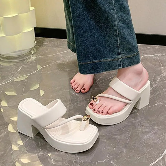 Sandalias de tacón alto para mujer, sandalias de plataforma con punta cuadrada para verano 2024, zapatos de fiesta informales negros