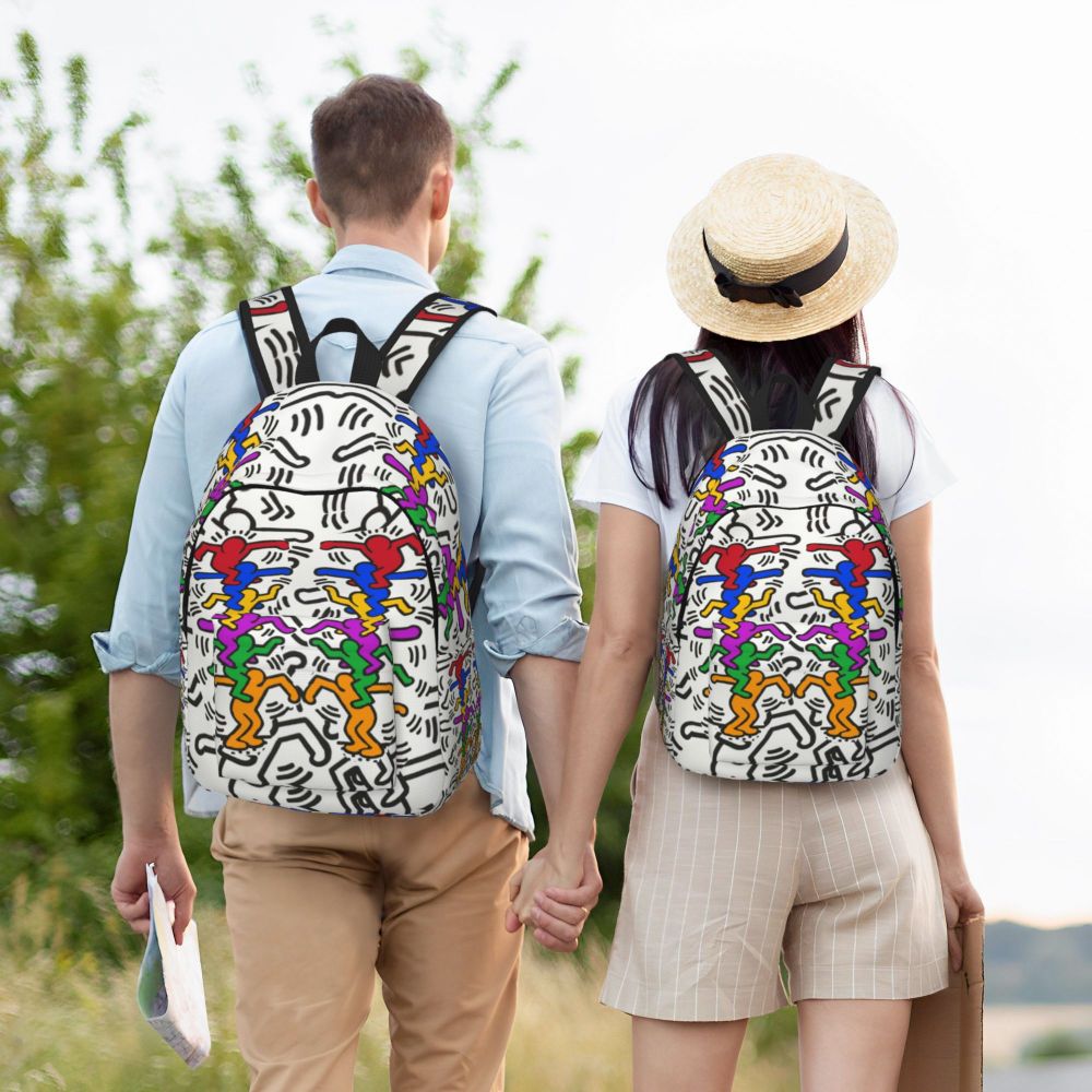 Mochilas de lona con 6 figuras de bailarinas de Haring para estudiantes universitarios y escolares, aptas para portátiles de 15 pulgadas, bolsos geométricos con grafitis de rap