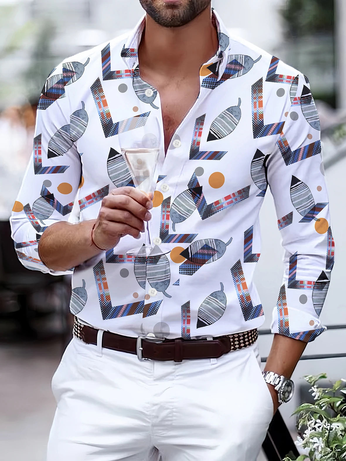 Camisa hawaiana de manga larga con estampado digital de plumas y estampado de leopardo y cadena de tigre para hombre, estilo informal, para fiestas y calle, Envío 0.00 $.