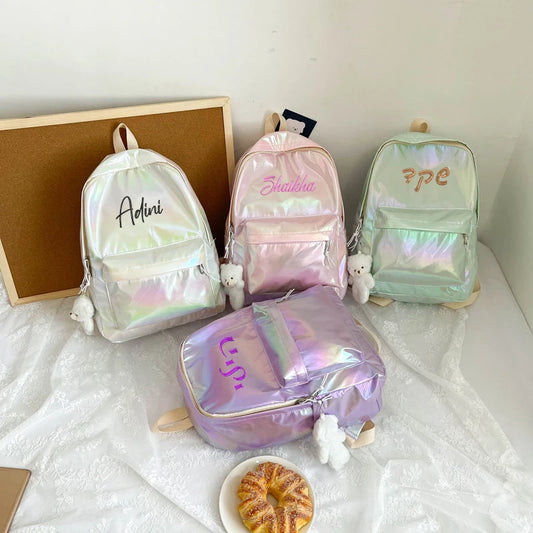 Mochila de holograma de moda bordada personalizada Mochila escolar brillante con láser Mochila de día personalizada con cualquier nombre