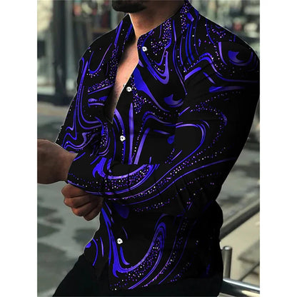 Camisa de manga larga 3D 2024 con solapa y botonadura sencilla con estampado luminoso informal de lujo para hombre, Envío 0.00 $.