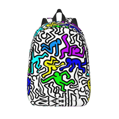 Mochilas de lona con 6 figuras de bailarinas de Haring para estudiantes universitarios y escolares, aptas para portátiles de 15 pulgadas, bolsos geométricos con grafitis de rap