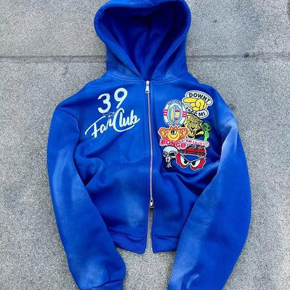 Sudadera con capucha y cremallera gótica Y2K, diseño retro con patrón multicolor, sudadera holgada estilo hip hop estilo Harajuku para hombre y mujer