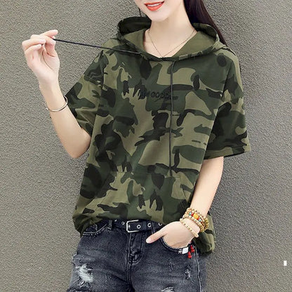 Camiseta con capucha para mujer, camiseta de algodón de manga corta con camuflaje, camisetas holgadas y finas de uniforme de camuflaje para estudiantes