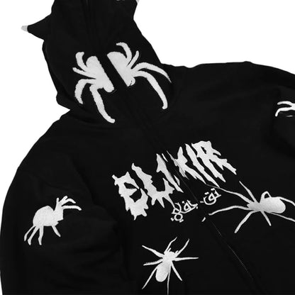 Sudadera con capucha estilo Y2K para mujer, sudadera con capucha gótica con orejas de diablo, sudadera con capucha con estampado de letras de araña, sudadera con cremallera, sudadera punk, chaqueta Y2k 2023