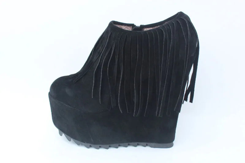 Botas de tacón alto para mujer, cuñas de 15 cm, zapatos de mujer, botas de plataforma con diseño de borlas rojas y negras, invierno WSH 5005, Envío 0.00 $.