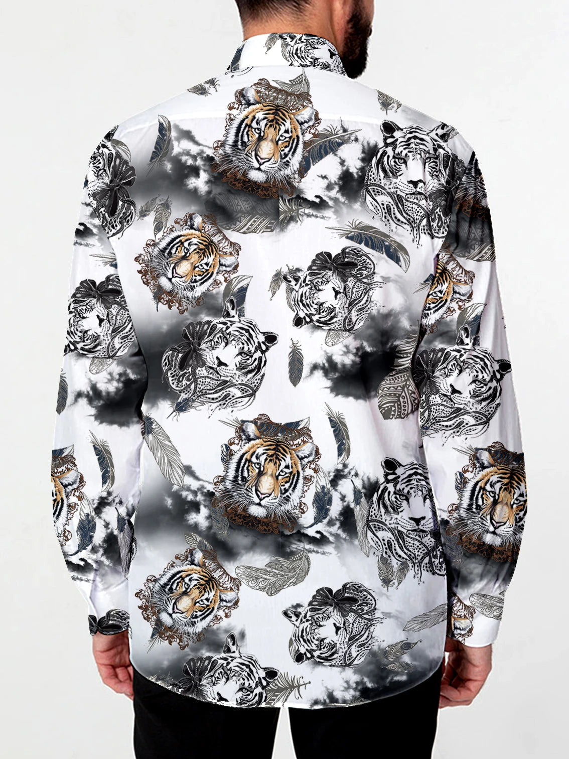 Camisa hawaiana de manga larga con estampado digital de plumas y estampado de leopardo y cadena de tigre para hombre, estilo informal, para fiestas y calle, Envío 0.00 $.