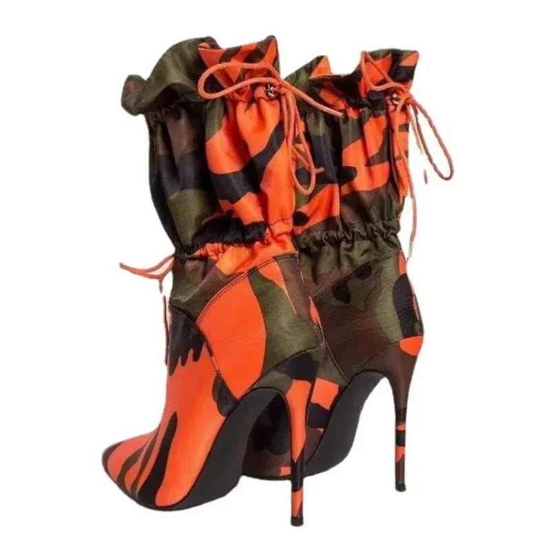 Botas de media pantorrilla con punta puntiaguda para mujer, zapatos de tacón de aguja con estampado de camuflaje y cordones para mujer, tacones altos, novedad de 2024, botas para mujer 2024 , Envío 0.00 $.