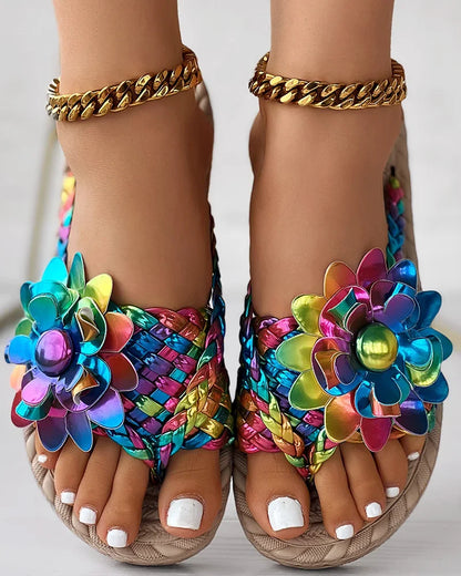 Sandalias casuales de moda para mujer, chanclas planas con estampado floral trenzado holográfico para vacaciones, para playa