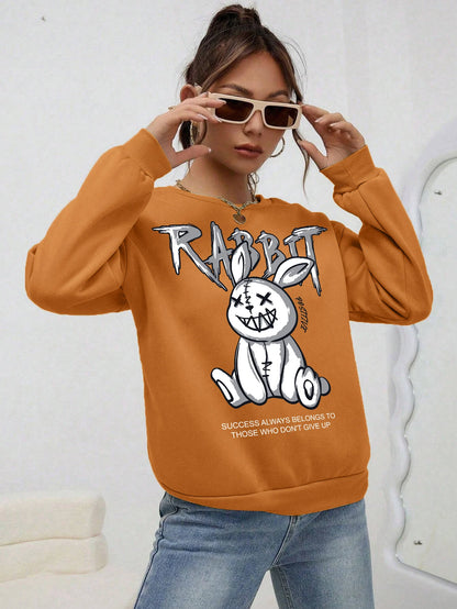 Sudadera con capucha con estampado de conejo de risa mala para mujer, sudadera básica de cuello redondo Harajuku, sudadera de moda de hip hop, ropa informal de otoño con forro polar