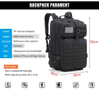 Mochila táctica de gran capacidad de 50 l para hombre, 3P, con parte trasera blanda, impermeable, para exteriores, para senderismo, camping y caza