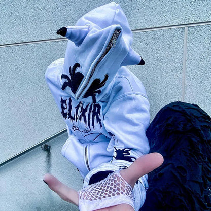 Sudadera con capucha estilo Y2K para mujer, sudadera con capucha gótica con orejas de diablo, sudadera con capucha con estampado de letras de araña, sudadera con cremallera, sudadera punk, chaqueta Y2k 2023