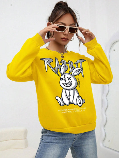 Sudadera con capucha con estampado de conejo de risa mala para mujer, sudadera básica de cuello redondo Harajuku, sudadera de moda de hip hop, ropa informal de otoño con forro polar