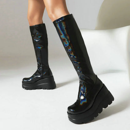 Botas Altas hasta la Rodilla para Mujer | Color Negro y Plateado con Plataforma y Tacón Alto | Estilo Moderno y Sofisticado | Envío Gratis en **FLIPISHOP.COM**