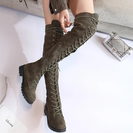 Botas con cordones por encima de la rodilla para mujer, zapatos góticos de plataforma con tacón plano para otoño e invierno-2024.Envío 0.00 $.