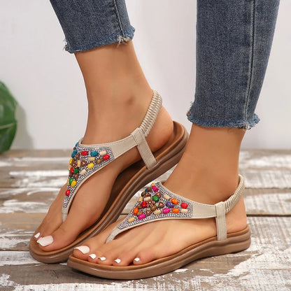 Sandalias bohemias de lujo para mujer, sandalias de verano 2024 con punta de clip y tacones planos de varios colores, zapatos de mujer con cristales brillantes y antideslizantes de Roma para mujer