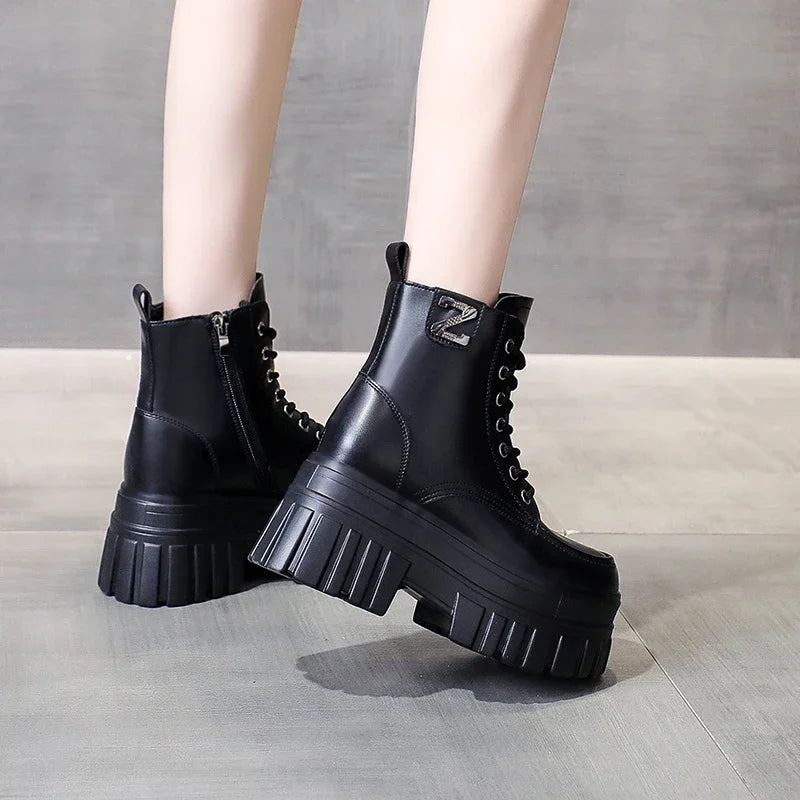 Botines negros retro de estilo británico para mujer, botas cortas de tacón grueso con plataforma, zapatos de tacón alto para mujer, primavera y otoño 2024