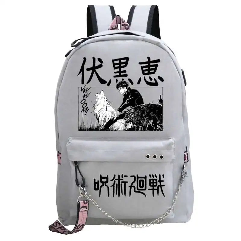 Mochila Adolescente Niñas Niño Mochila escolar Puerto de carga USB Bolsa para computadora portátil Fushiguro Megumi Anime Nylon Mochila Escolar