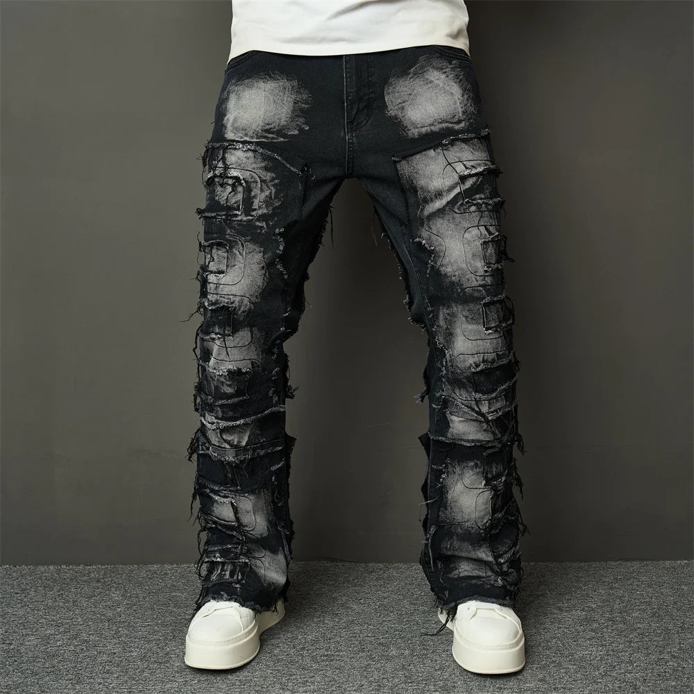 Pantalones Vaqueros Rectos con Parches y Roturas para Hombre | Estilo Hip Hop y Motero | Envío Gratis | NoEnName_Null | **FLIPISHOP.COM**