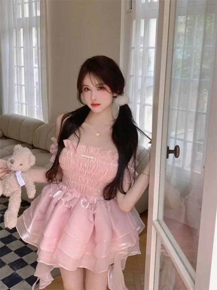 Vestido de Hada Rosa Dulce para Mujeres | Estilo Kawaii Lolita con Hombros Descubiertos | Envío Gratis **FLIPISHOP.COM**